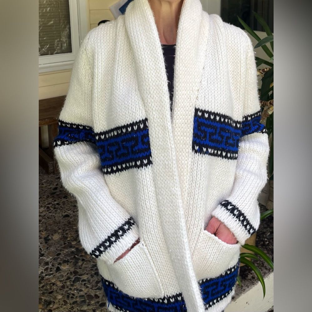 Handmade knitted cotton/acrylic blend cardigan, front pockets, belt closure,S/M